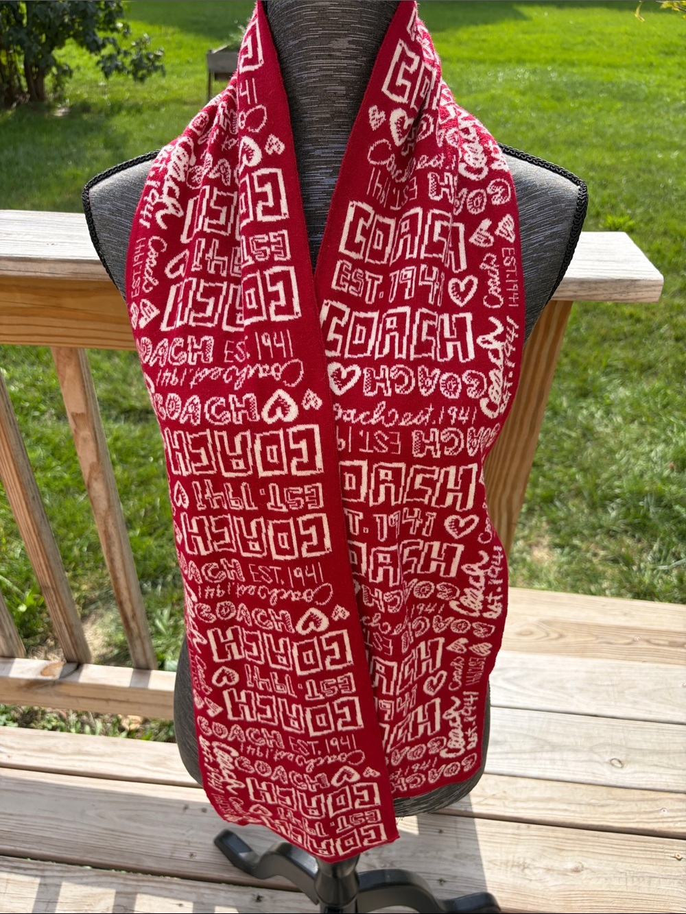 Coach Red and Cream Logo Knit Scarf